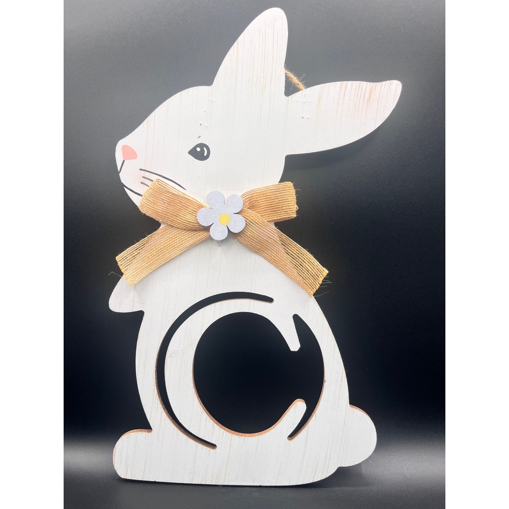Easter Bunny Wooden Wall Hanging Letter C Monogram White Distressed Decor‎ 15"